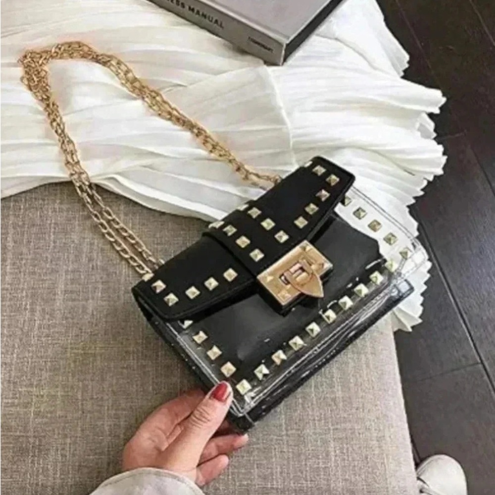 2 in 1 Black Studded Mini Crossbody clear with insert - Picture 3 of 8